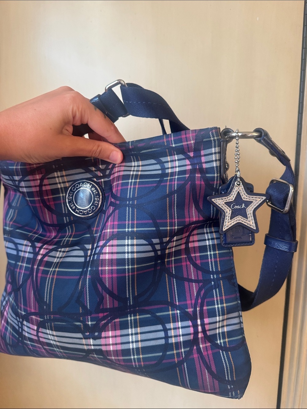Coach Navy Plaid Shoulder Bag with Pink Accents and Star Charm
